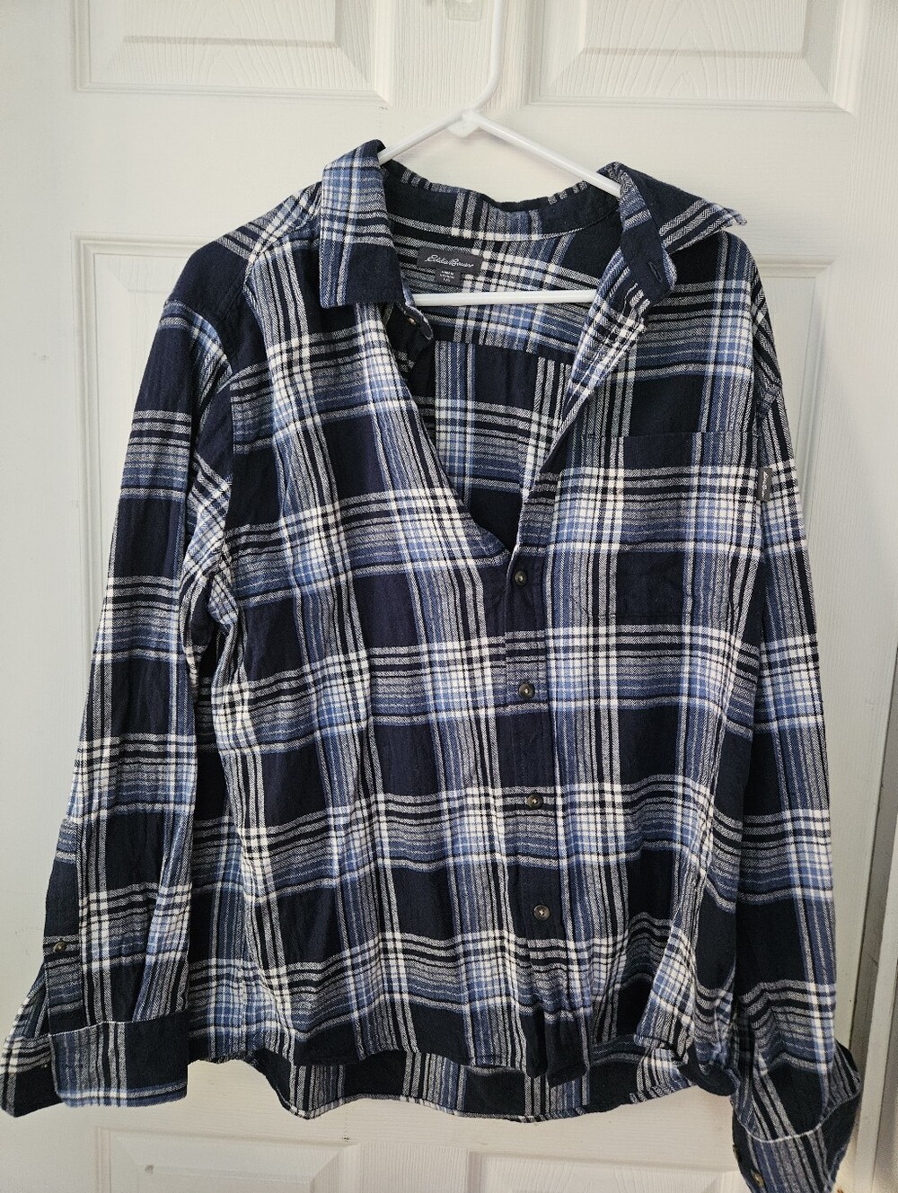 Eddie Bauer Navy and White Plaid Button-Down Shirt